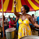 **

A vibrant scene inside a "calypso tent" in Trinidad and Tobago. People are dancing and enjoying the music. A calypsonian is singing with passion, backed by musicians playing steelpans, guitars, and percussion instruments. The atmosphere is lively, colorful, and reflects the cultural energy of the Caribbean. Emphasis on the expressive faces of the performers and audience.

**
