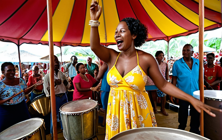 **

A vibrant scene inside a "calypso tent" in Trinidad and Tobago. People are dancing and enjoying the music. A calypsonian is singing with passion, backed by musicians playing steelpans, guitars, and percussion instruments. The atmosphere is lively, colorful, and reflects the cultural energy of the Caribbean. Emphasis on the expressive faces of the performers and audience.

**