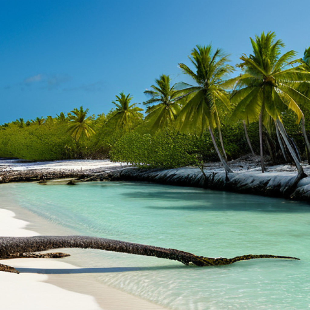 An idyllic Bahamian beach scene subtly showing signs of climate change. Fine white sand gives way to crystal-clear turquoise ocean water, with several mature palm trees leaning precariously, their roots visibly exposed due to the encroaching tide and coastal erosion. In the background, the eroded stone foundations of an old, small structure are partially submerged by the water. Healthy green mangroves are visible but appear sparse. The sun casts a soft, natural light over the scene, highlighting both the beauty and the environmental fragility. Professional photography, natural lighting, perfect anatomy, correct proportions, natural pose, well-formed hands, proper finger count, natural body proportions, safe for work, appropriate content, fully clothed, modest, family-friendly, high quality, hyperrealistic.