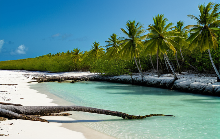 An idyllic Bahamian beach scene subtly showing signs of climate change. Fine white sand gives way to crystal-clear turquoise ocean water, with several mature palm trees leaning precariously, their roots visibly exposed due to the encroaching tide and coastal erosion. In the background, the eroded stone foundations of an old, small structure are partially submerged by the water. Healthy green mangroves are visible but appear sparse. The sun casts a soft, natural light over the scene, highlighting both the beauty and the environmental fragility. Professional photography, natural lighting, perfect anatomy, correct proportions, natural pose, well-formed hands, proper finger count, natural body proportions, safe for work, appropriate content, fully clothed, modest, family-friendly, high quality, hyperrealistic.