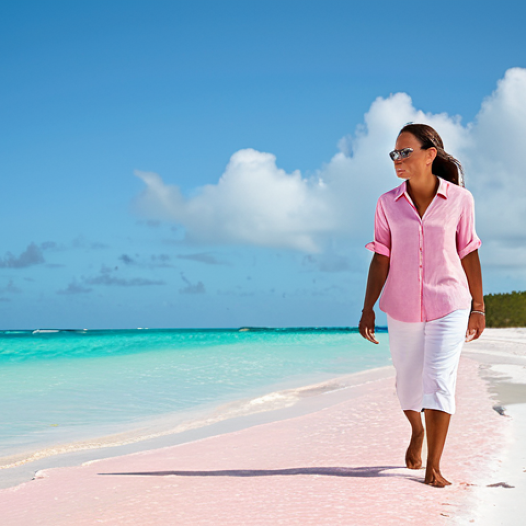A professional female traveler, fully clothed in a modest light linen shirt and comfortable capri pants, gently walking along the iconic Pink Sands Beach on Harbour Island in the Bahamas. The soft, rose-hued sand meets crystal-clear turquoise waters under a warm, clear sky. The scene conveys a sense of peaceful appreciation and natural beauty. The subject is in a natural pose, with perfect anatomy, correct proportions, well-formed hands, and proper finger count. This is a high-quality professional photograph, appropriate content, family-friendly, and safe for work.