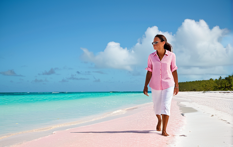 A professional female traveler, fully clothed in a modest light linen shirt and comfortable capri pants, gently walking along the iconic Pink Sands Beach on Harbour Island in the Bahamas. The soft, rose-hued sand meets crystal-clear turquoise waters under a warm, clear sky. The scene conveys a sense of peaceful appreciation and natural beauty. The subject is in a natural pose, with perfect anatomy, correct proportions, well-formed hands, and proper finger count. This is a high-quality professional photograph, appropriate content, family-friendly, and safe for work.