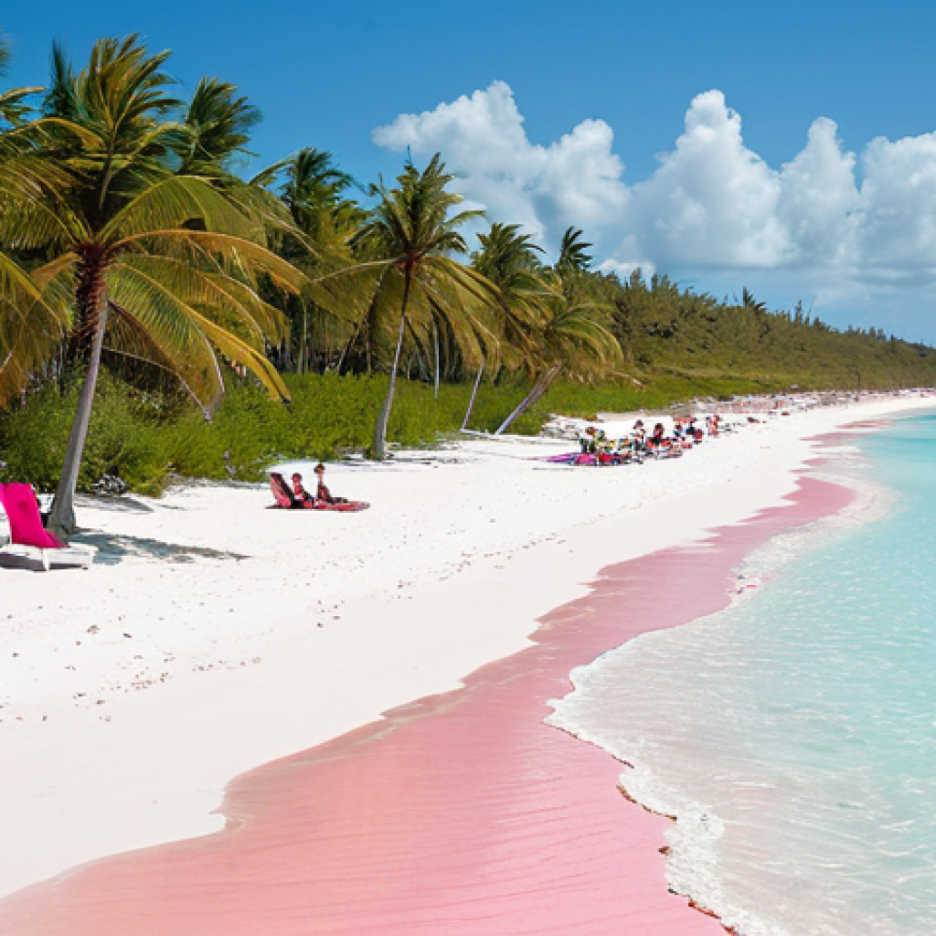 Pink Sands Beach**

"A wide shot of Pink Sands Beach on Harbour Island, Bahamas. Crystal clear turquoise water gently laps onto the pink sand. Palm trees sway in the background. Fully clothed tourists relax on the beach, enjoying the sun. Safe for work, appropriate content, perfect anatomy, natural proportions, professional travel photography, high quality, family-friendly."

**