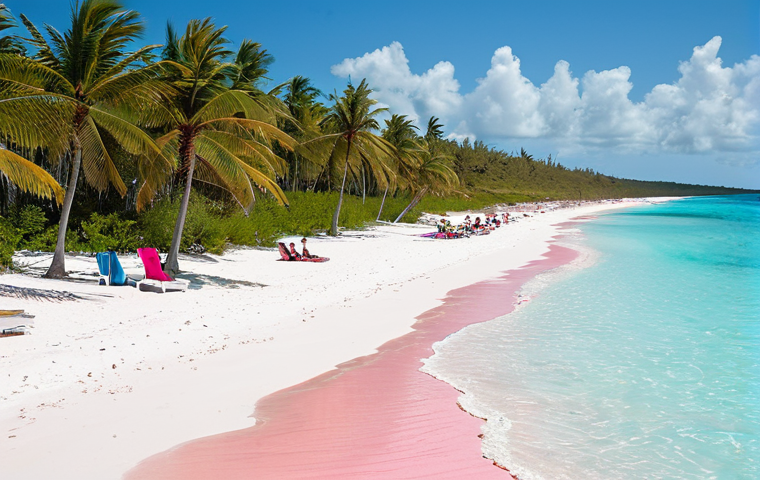 Pink Sands Beach**
"A wide shot of Pink Sands Beach on Harbour Island, Bahamas. Crystal clear turquoise water gently laps onto the pink sand. Palm trees sway in the background. Fully clothed tourists relax on the beach, enjoying the sun. Safe for work, appropriate content, perfect anatomy, natural proportions, professional travel photography, high quality, family-friendly."
**