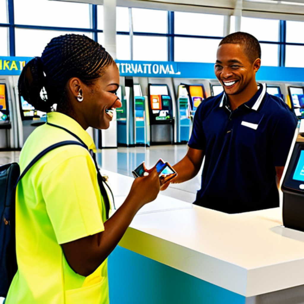 **

"A tourist in appropriate attire purchasing a local SIM card at Lynden Pindling International Airport in Nassau, Bahamas. The scene is bright and welcoming, with several mobile phone company kiosks visible. The tourist is smiling and interacting with a sales representative. Safe for work, fully clothed, professional setting, perfect anatomy, natural pose, appropriate content."

**