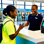 **

"A tourist in appropriate attire purchasing a local SIM card at Lynden Pindling International Airport in Nassau, Bahamas. The scene is bright and welcoming, with several mobile phone company kiosks visible. The tourist is smiling and interacting with a sales representative. Safe for work, fully clothed, professional setting, perfect anatomy, natural pose, appropriate content."

**