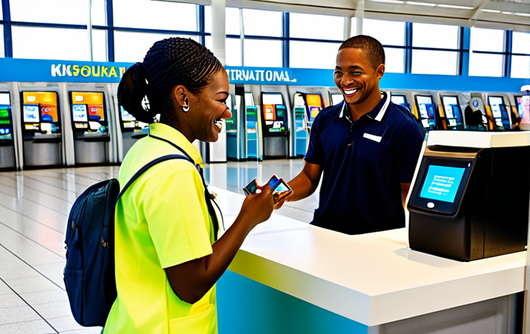 **
"A tourist in appropriate attire purchasing a local SIM card at Lynden Pindling International Airport in Nassau, Bahamas. The scene is bright and welcoming, with several mobile phone company kiosks visible. The tourist is smiling and interacting with a sales representative. Safe for work, fully clothed, professional setting, perfect anatomy, natural pose, appropriate content."
**