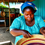 **

"A Bahamian artisan woman, fully clothed in modest island attire, weaving a colorful straw basket at an outdoor market stall filled with handcrafted items, appropriate content, safe for work, perfect anatomy, natural proportions, bright natural lighting, showcasing traditional Bahamian craftsmanship, professional quality, family-friendly."

**