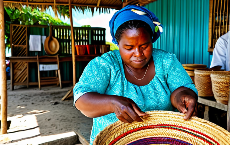**
"A Bahamian artisan woman, fully clothed in modest island attire, weaving a colorful straw basket at an outdoor market stall filled with handcrafted items, appropriate content, safe for work, perfect anatomy, natural proportions, bright natural lighting, showcasing traditional Bahamian craftsmanship, professional quality, family-friendly."
**