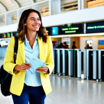 Airport Arrival**

A stylish, fully clothed Italian woman in her 30s, wearing a smart casual outfit (e.g., tailored trousers, a blouse, and a light jacket), pulling a wheeled suitcase through a bright, modern airport terminal in Nassau, Bahamas.  She has a friendly expression and is holding her passport and boarding pass.  The background includes other travelers and signage in English and possibly some Italian.  Focus on a "candid" travel photo style, perfect anatomy, well-formed hands, natural pose, safe for work, appropriate content, fully clothed, professional.

**