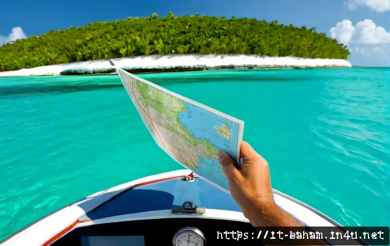 Home 27 바하마 아바코 제도 탐방 - Photorealistic travel scene in the Abaco Islands, Bahamas: a small white motorboat gliding across cr...